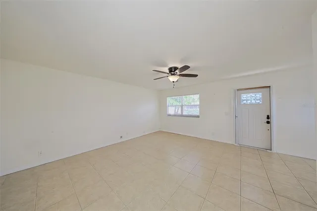 a view of a room with windows