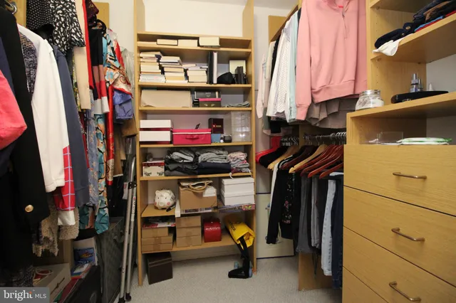a view of walk in closet with clothes and shoes