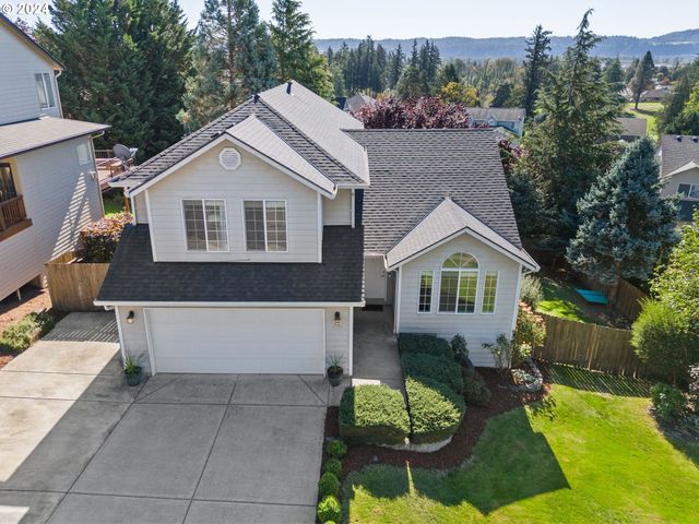 a aerial view of a house with a yard and potted plants