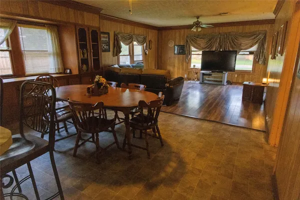 a view of a dining room with furniture