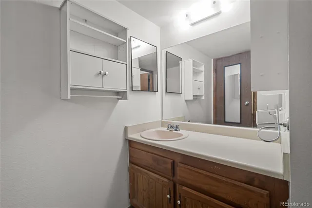 a bathroom with a sink and a mirror
