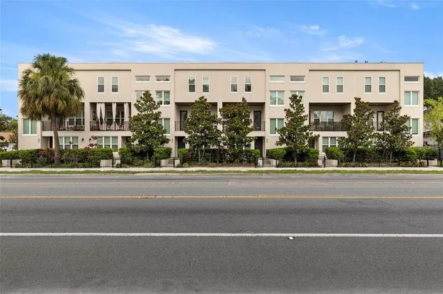 a view of a building with a street