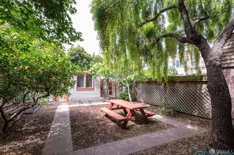 a view of a backyard with sitting area