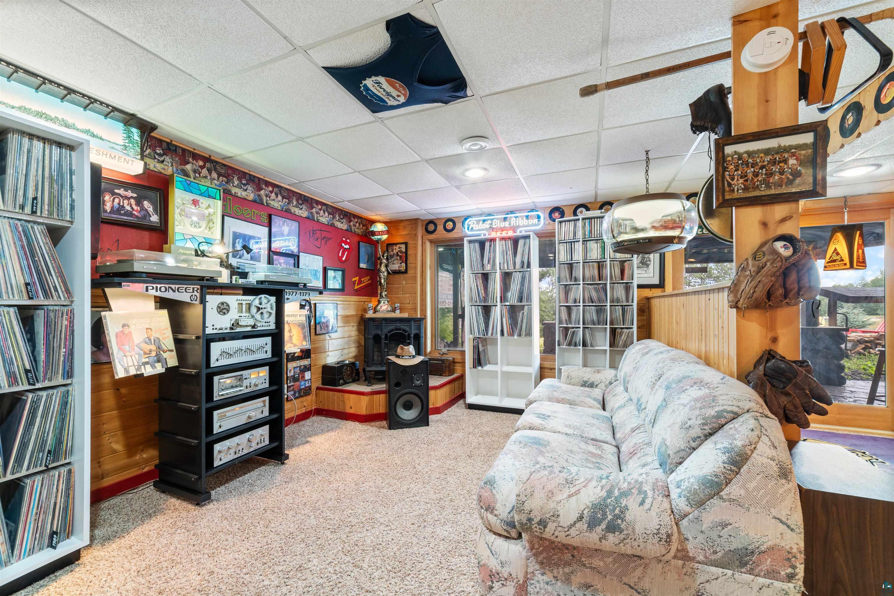 11911 East Rowe Road Lake Nebagamon, WI 54849 - Photo 56 of 61 Carpeted entertainment space featuring wood paneling and a drop ceiling