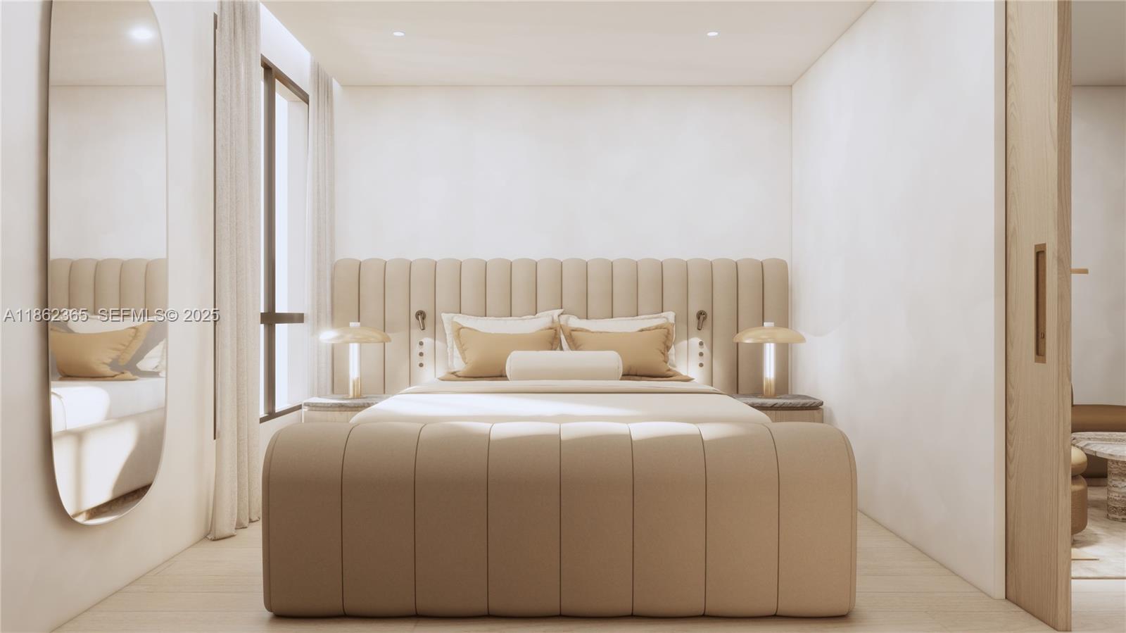 1265 Southwest 22nd Street, Unit 711/712 Miami, FL 33145 - Photo 4 of 16 a bedroom with a bed a mirror and a window