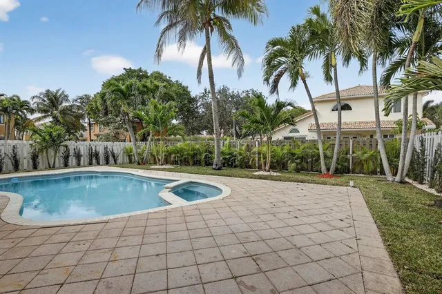 a view of a swimming pool with a garden