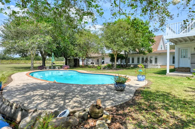 a view of a swimming pool with a fire pit and plants