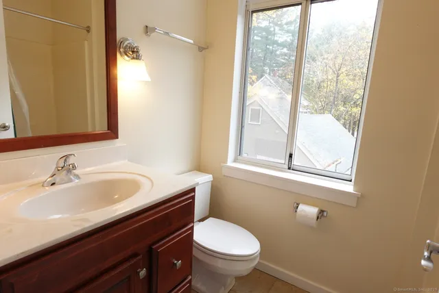 a bathroom with a sink a toilet and a mirror