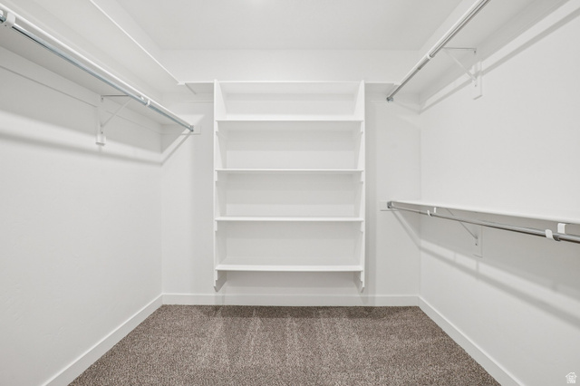2097 North Ostler Peak Road, Unit 115 Heber City, UT 84032 - Photo 19 of 33 Spacious closet featuring white walls, white shelving, multiple hanging rods, white trim, and gray carpet flooring
