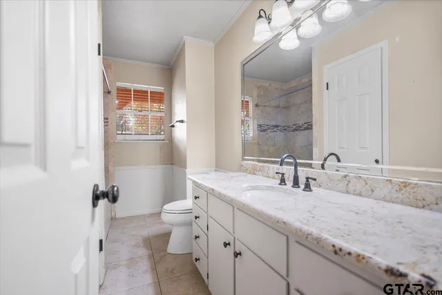 a bathroom with a granite countertop double vanity sink a mirror and a toilet