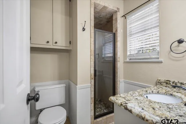 a bathroom with a granite countertop sink toilet and shower