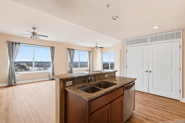 a view of a kitchen sink and dishwasher with wooden floor