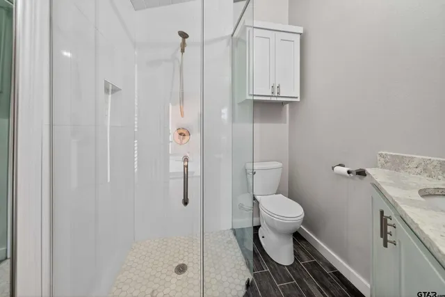 a bathroom with a sink a toilet and shower
