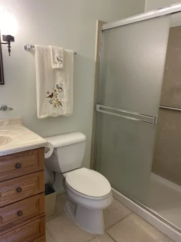 a bathroom with a toilet and a shower