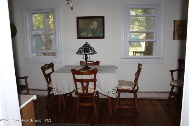 a view of a dining room with furniture and window
