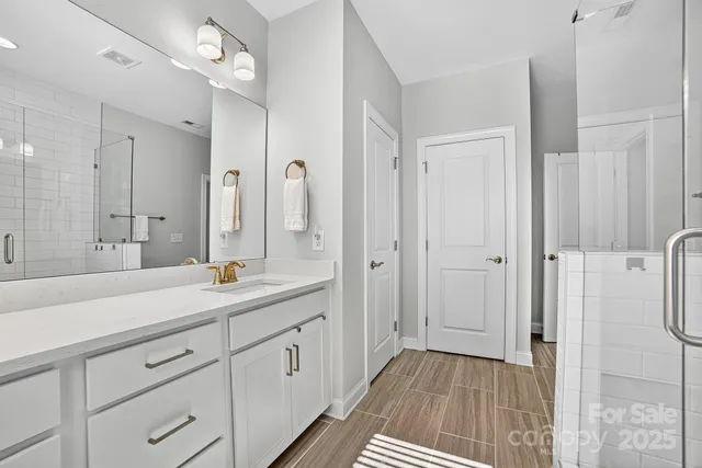 a bathroom with a sink a mirror and a shower