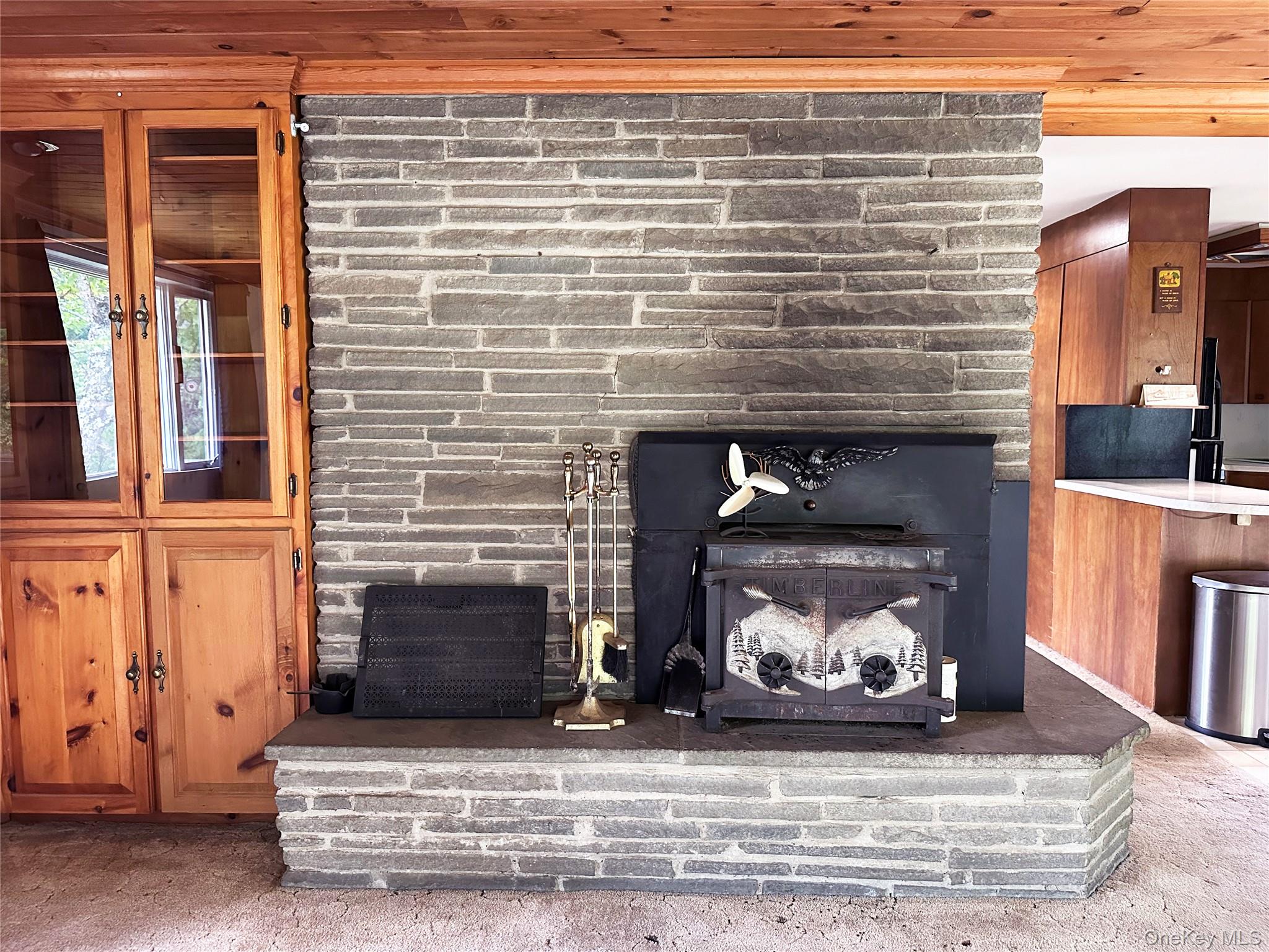 818 Methol Road Roscoe, NY 12776 - Photo 23 of 39 Central stone fireplace with integrated wood-burning stove designed for ambiance, cooking and supplemental heating.