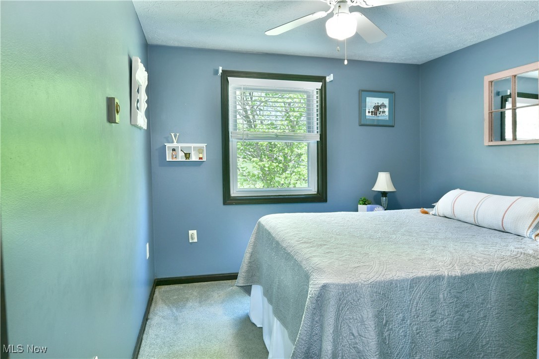 379 Housel Craft Road Bristolville, OH 44402 - Photo 30 of 50 Bedroom with carpet floors, a textured ceiling, ceiling fan, and baseboards