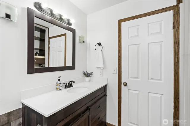 a bathroom with a sink vanity and a mirror
