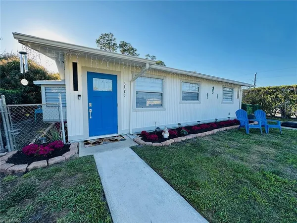 a view of a backyard with potted plants and a large tree