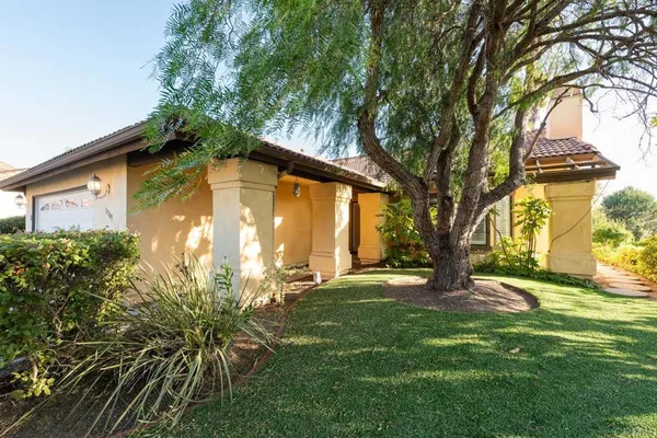 a yellow house with tree in front of it