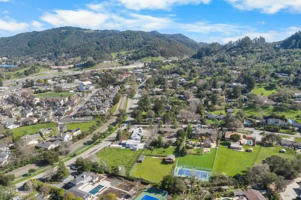 an aerial view of residential houses with outdoor space and trees