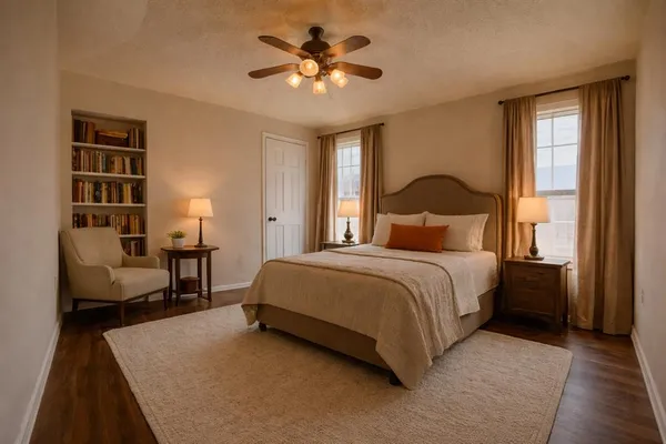 a bedroom with a bed and furniture