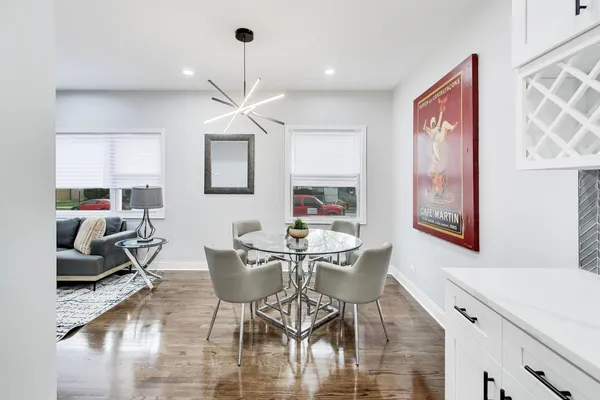a view of a dining room with furniture window and outside view