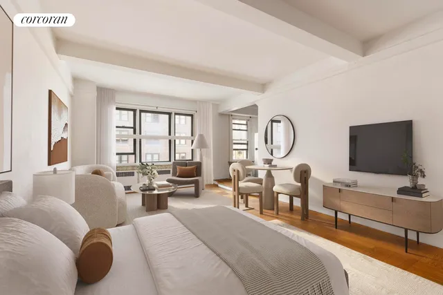 a bedroom with furniture and a large window