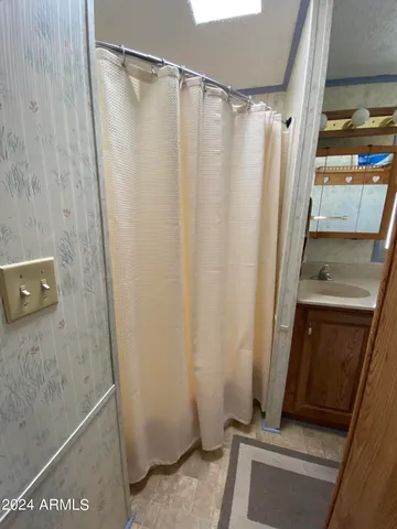 a bathroom with a shower and a sink