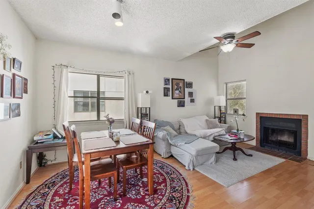 a living room with furniture a rug and a fireplace