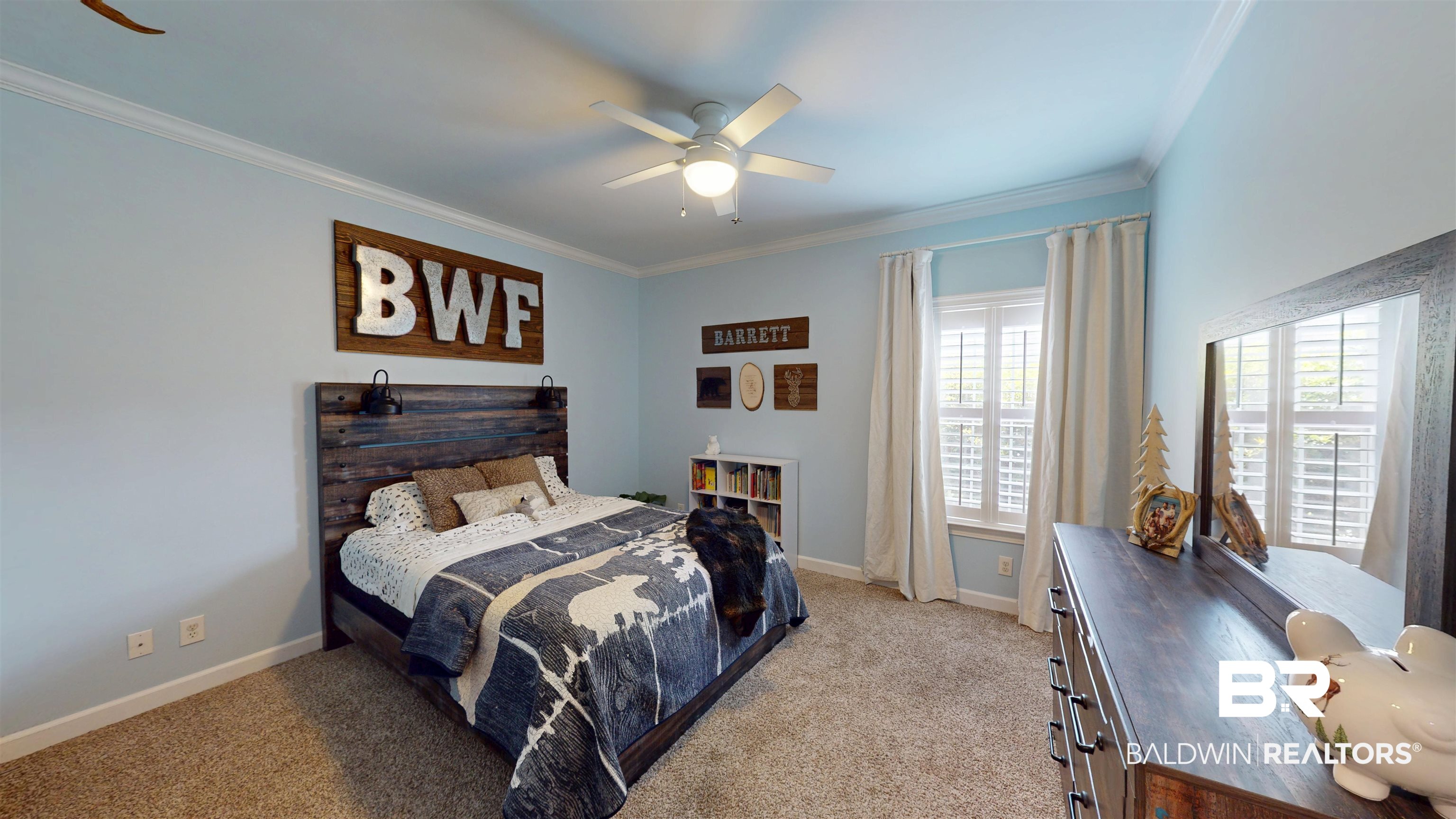 8775 Dawes Lake Road North Mobile, AL 36619 - Photo 31 of 59 Bedroom featuring ornamental molding, light colored carpet, and ceiling fan