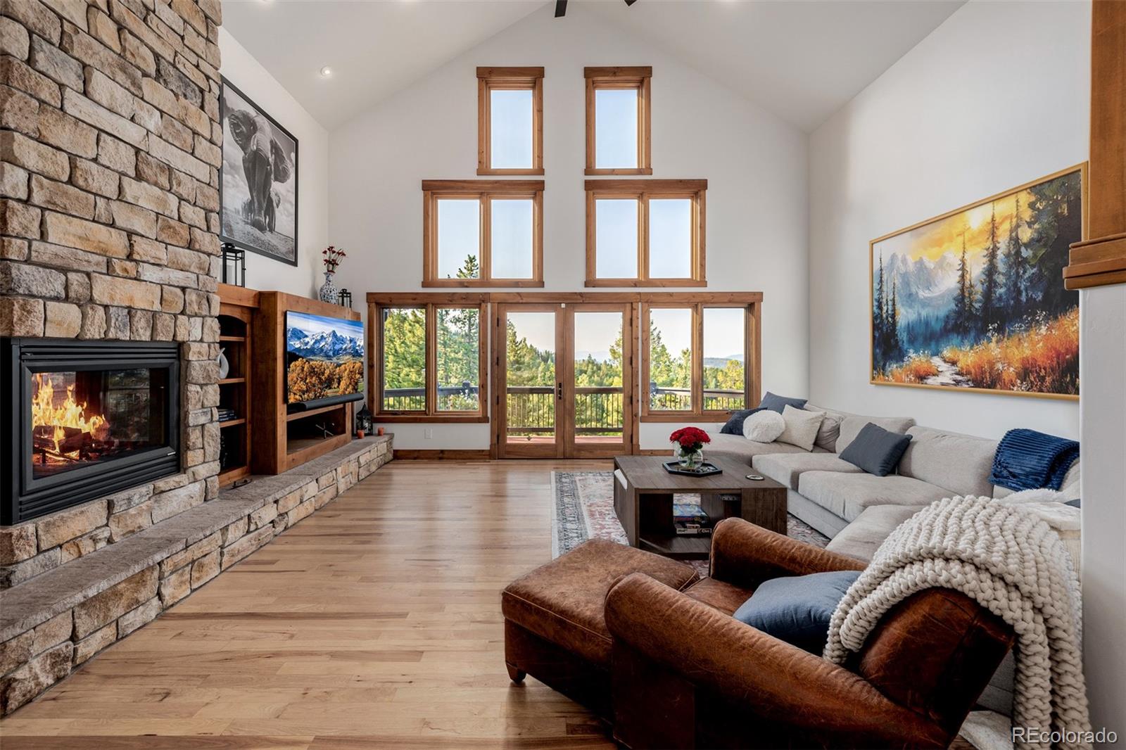 11272 Belle Meade Drive Conifer, CO 80433 - Photo 5 of 45 a living room with furniture a fireplace and a flat screen tv