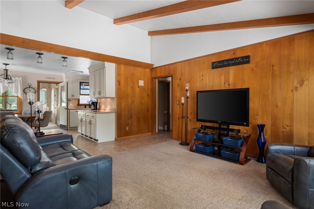 685 Sunnyside Road Vermilion, OH 44089 - Photo 10 of 50 Living area featuring wood paneling, exposed wood beams, and a vaulted ceiling