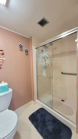 a bathroom with a shower and a toilet