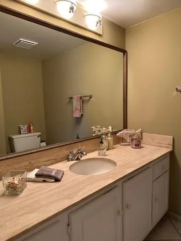 a bathroom with a sink a mirror and a shower