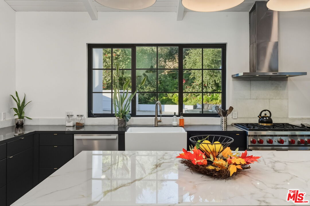 13019 Sky Valley Road Los Angeles, CA 90049 - Photo 17 of 39 a kitchen with stainless steel appliances kitchen island granite countertop a sink and a white cabinets