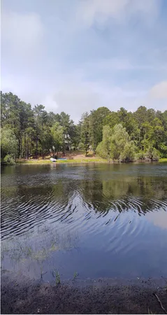 a view of a lake with a city