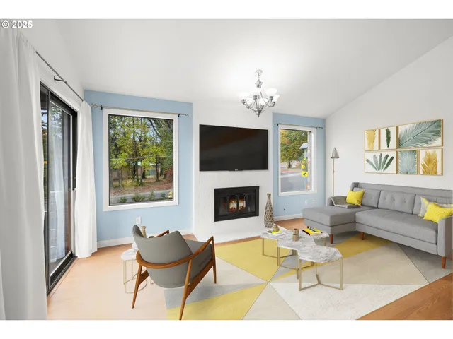 a living room with furniture a fireplace and a flat screen tv
