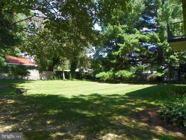 a view of a grassy field with trees in the background