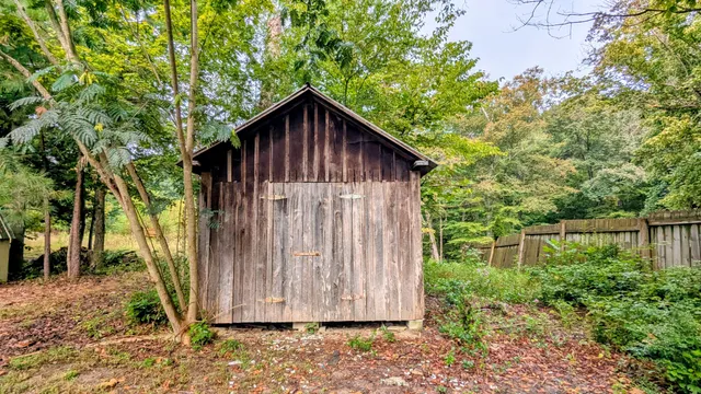 a wooden door with a tree in the background