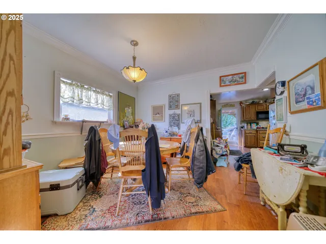 a view of a dining room with furniture