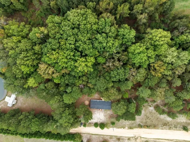 an aerial view of a house with a yard and large trees