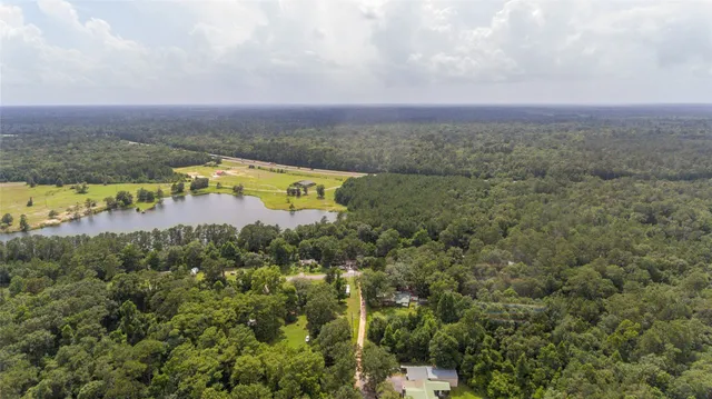 an aerial view of residential building and lake