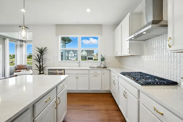 a kitchen with a white cabinets and stove