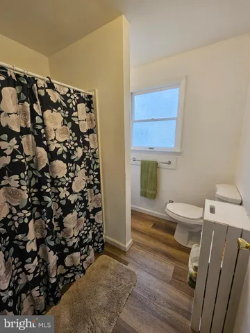 a bathroom with a toilet and a shower curtain