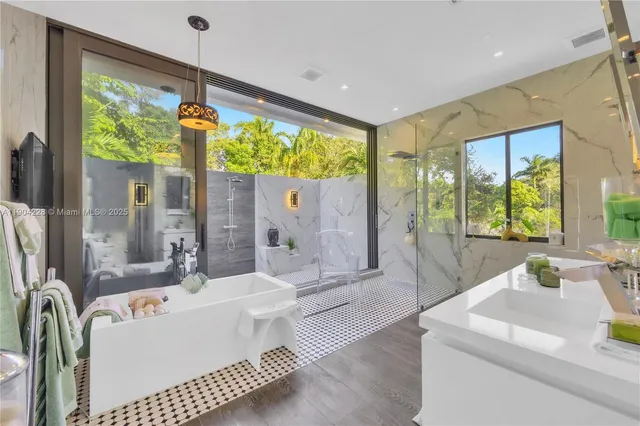 a living room with large window