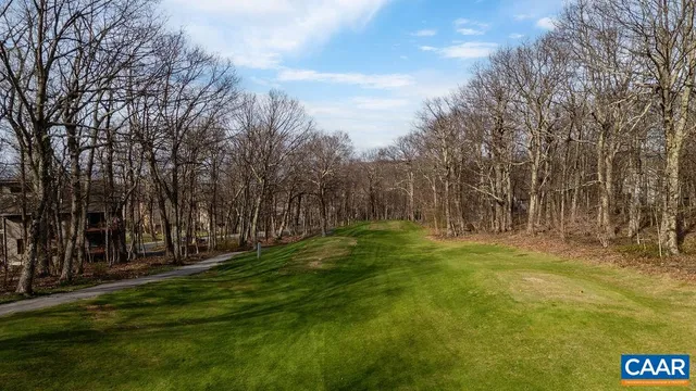 a backyard of a house with lots of green space and fountain