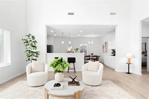 a living room with furniture and a potted plant