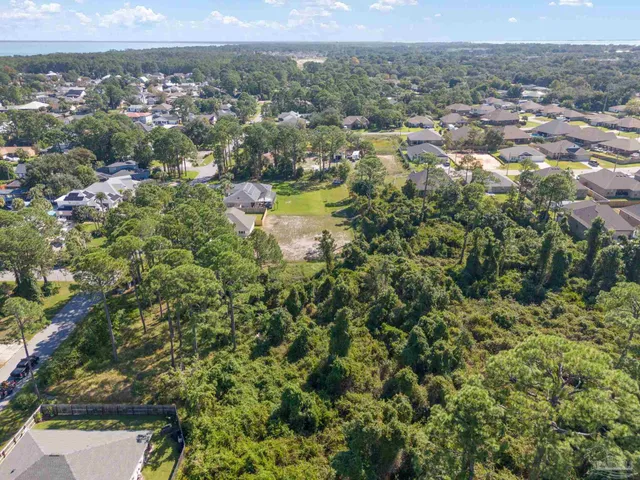 an aerial view of residential houses with outdoor space and trees